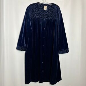 Vtg Navy Blue Velvet Velour Robe Housecoat Floral Burnout XL Cozy‎ Loungewear